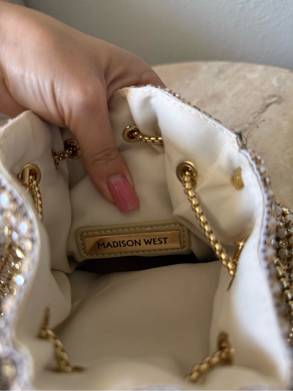 Madison West Pearl Rhinestone Bucket Bag Gold Handle Wedding Evening Bag - Picture 10 of 10